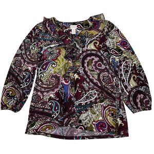 Chicos Women's Petite Small O Paisley‎ Print Ruffle Blouse Multicolor 3/4 Sleeve